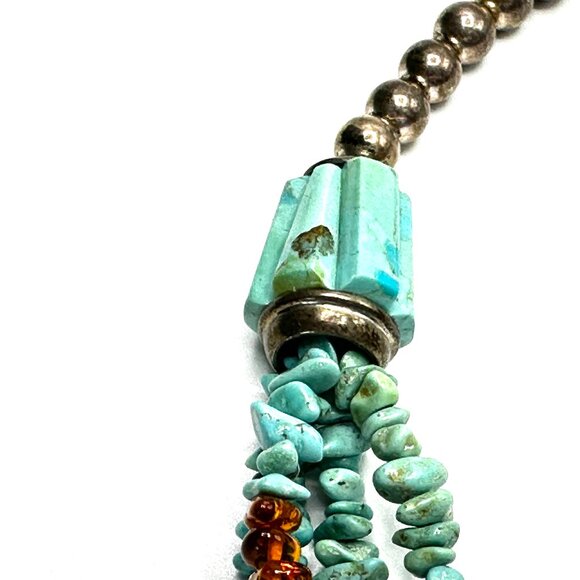 Vintage Navajo Four-Strand Turquoise and Amber Necklace w/Fluted Barrel Beads - Picture 2 of 14